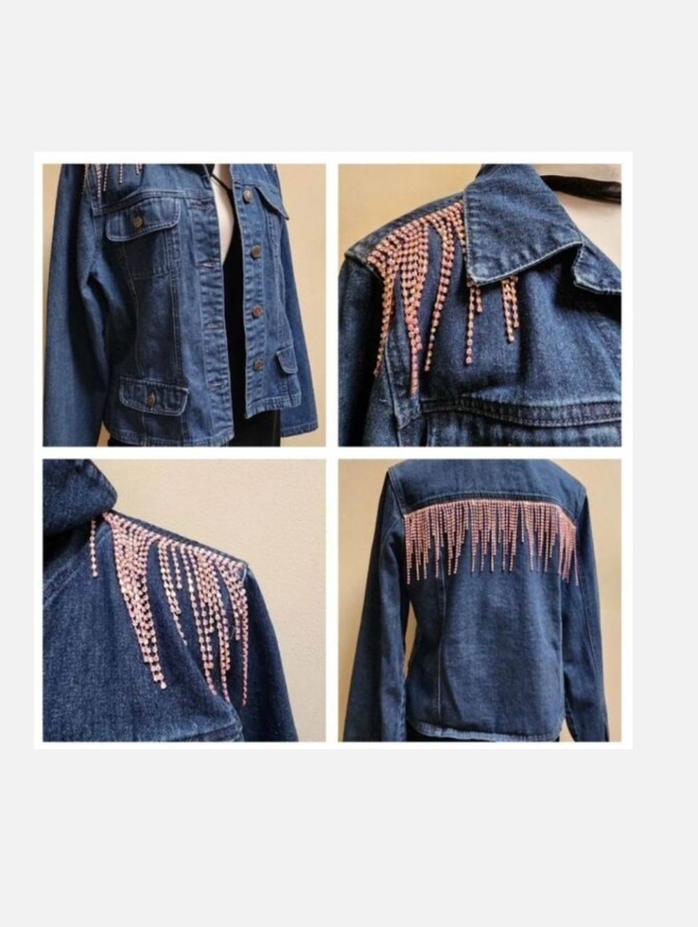 Upcycled Custom Jean Jacket Size 10 With Pink Rhinestone Fringe
